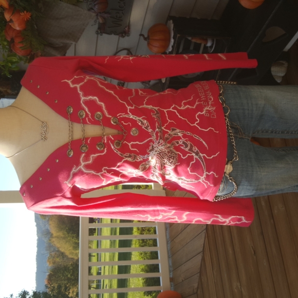 VANCE BIKERWEAR ♡ Pink L|S Spiders|Volts Graphics Studs|Rhinestones|Chains Top S - Picture 12 of 17